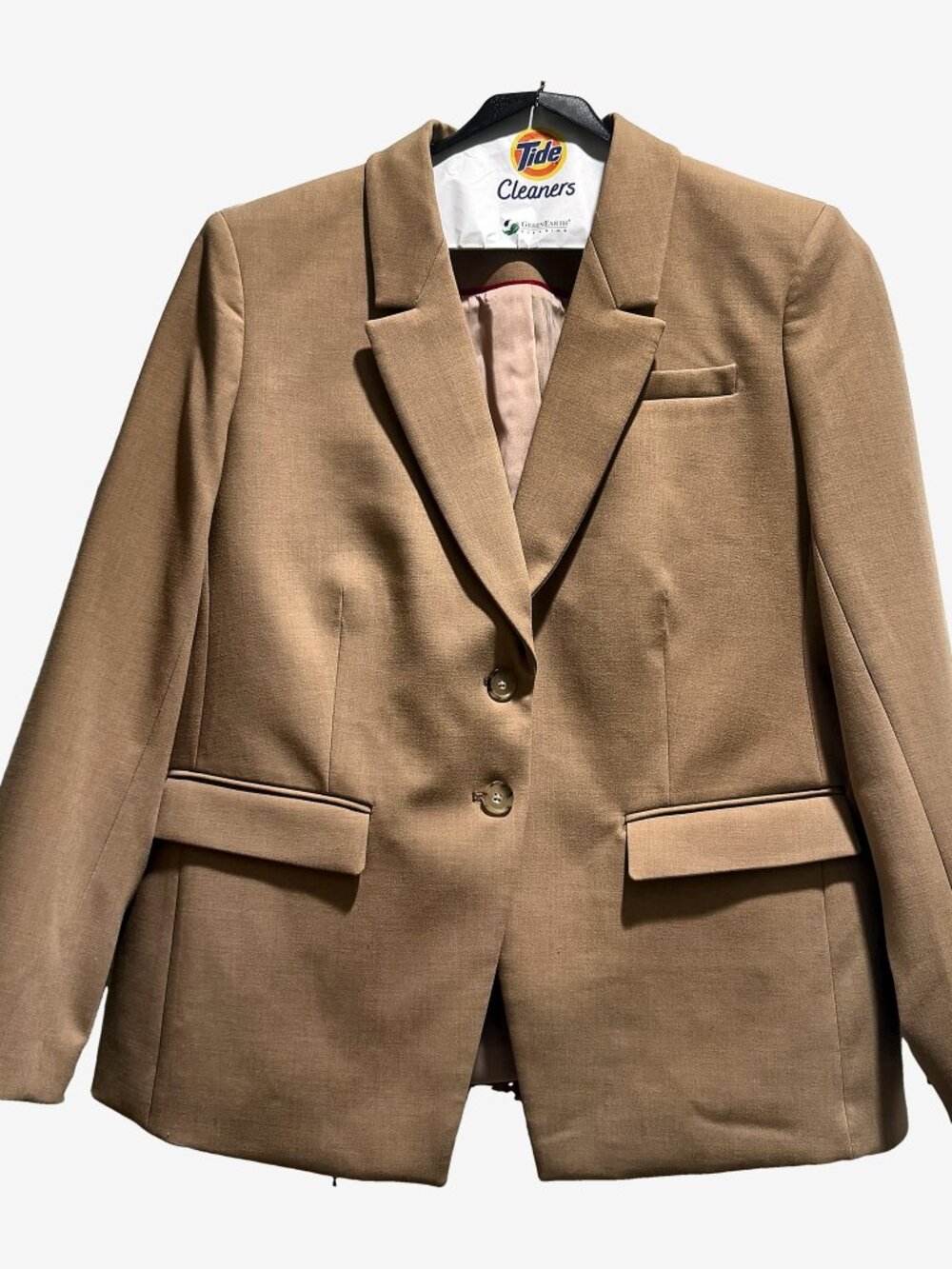 Tan Camel Two-Button Blazer Stretch Size 16 Carreman French Fabric